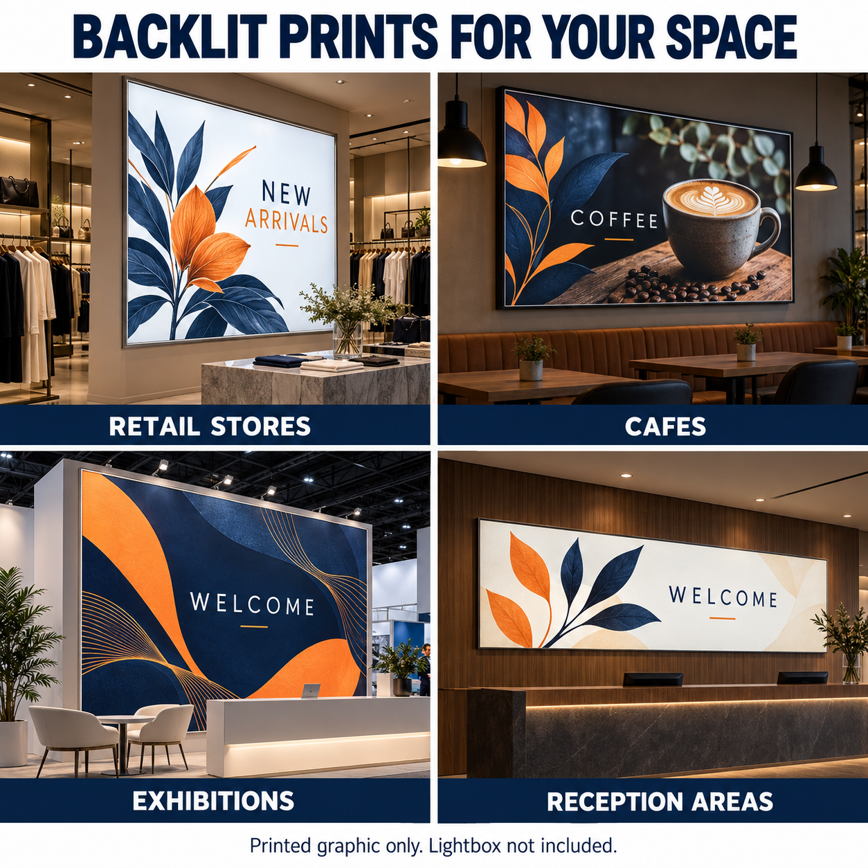 Backlit print mockups in retail stores, cafes, exhibitions and reception areas
