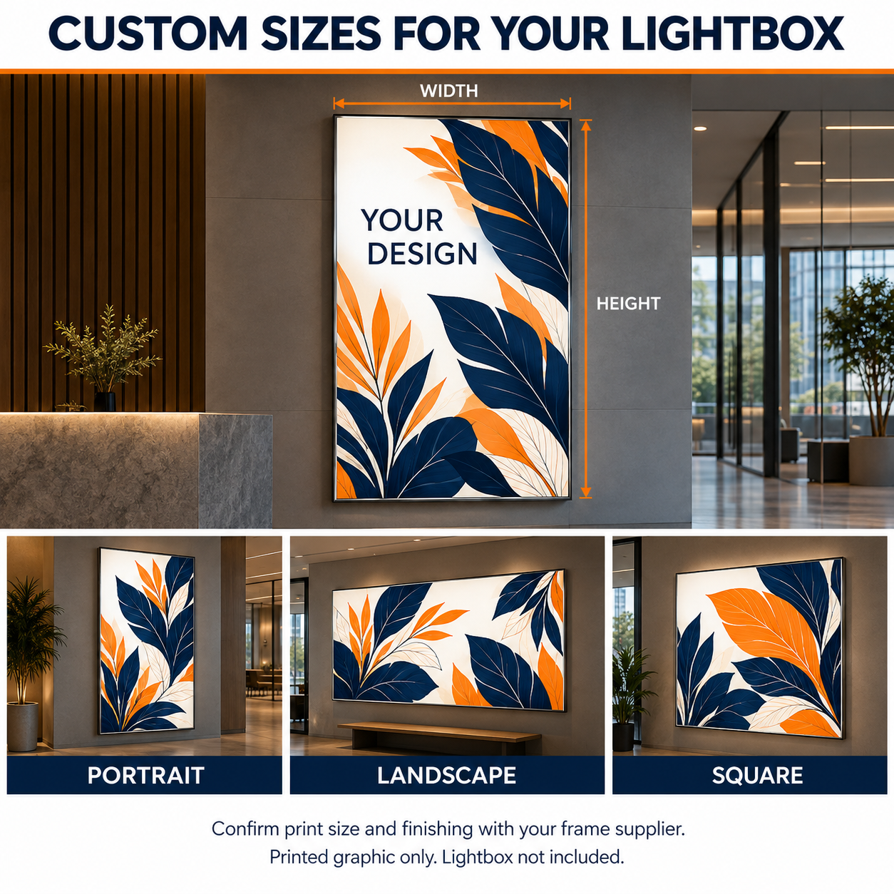 Custom backlit print size illustration with portrait, landscape and square display formats