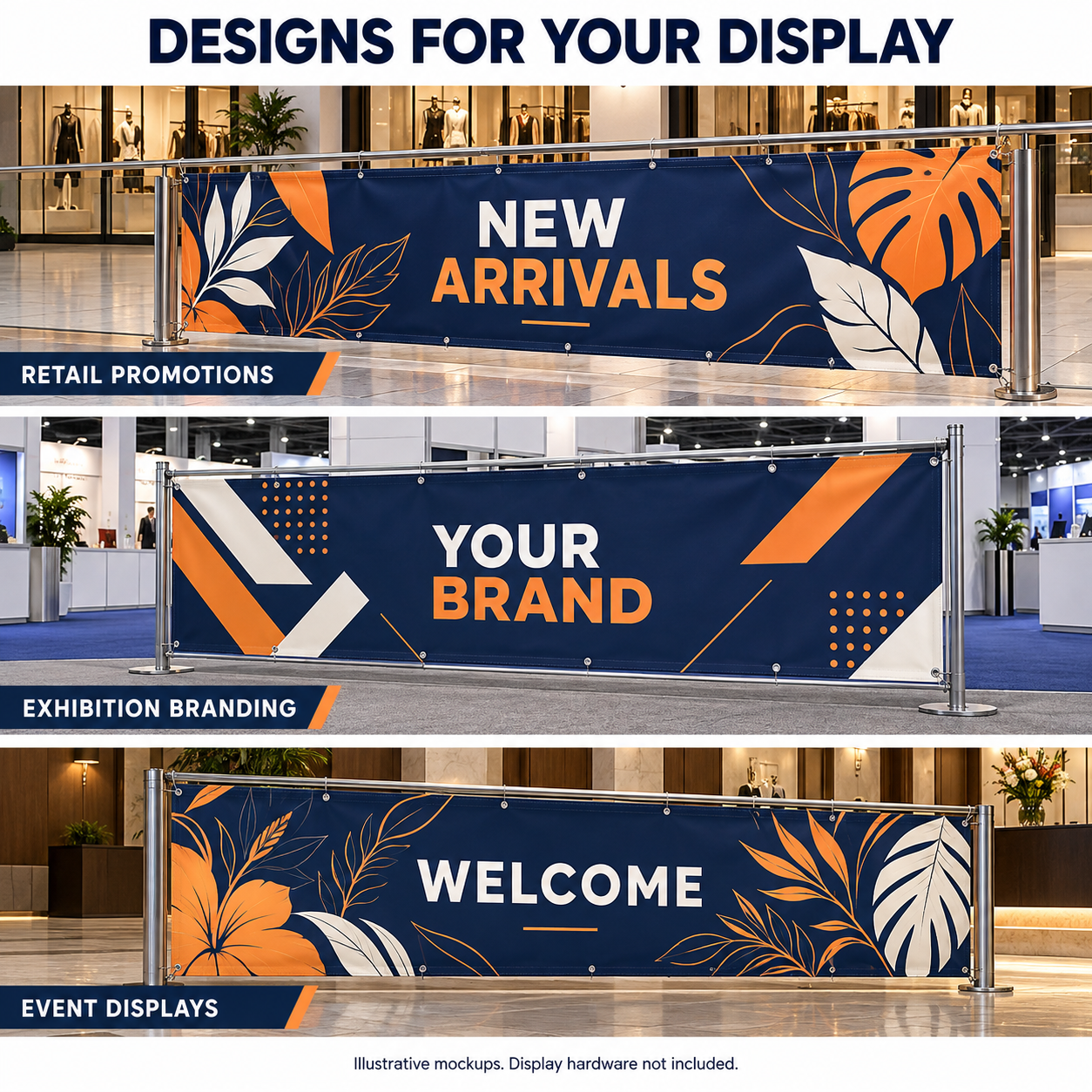 Blockout vinyl banner mockups for retail promotions, exhibition branding and event displays