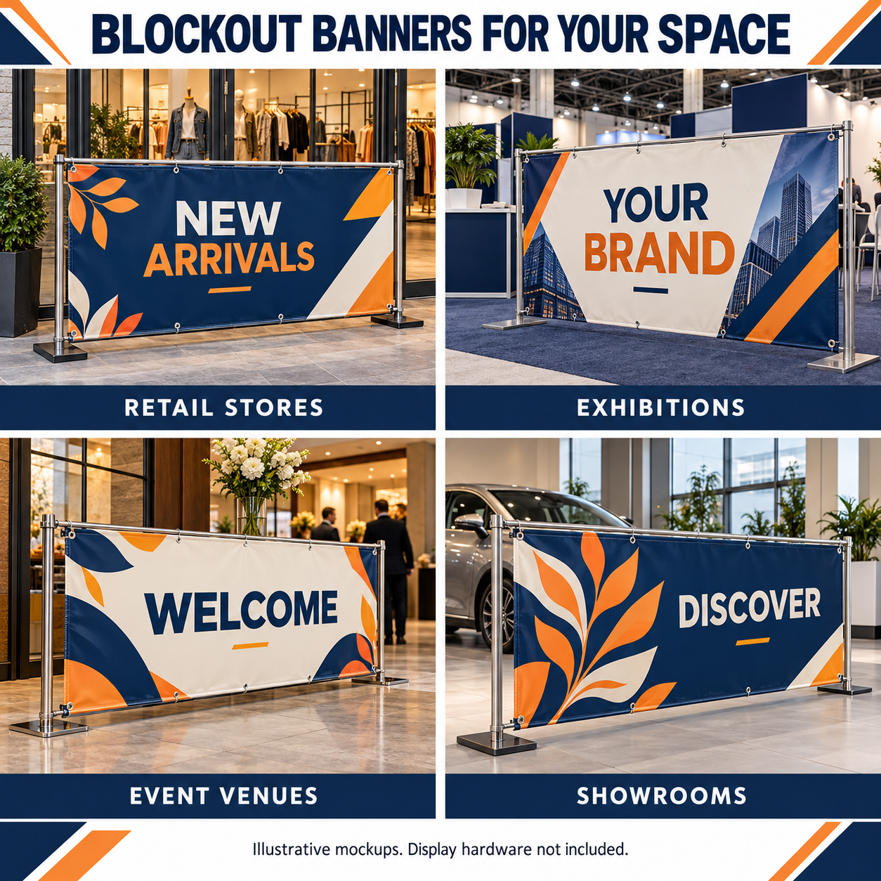 Blockout vinyl banner mockups in retail stores, exhibitions, event venues and showrooms