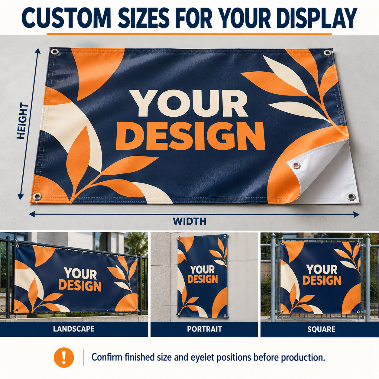 Custom blockout vinyl banner mockup showing logo, text and artwork options