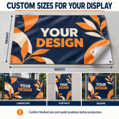 Custom blockout vinyl banner mockup showing logo, text and artwork options