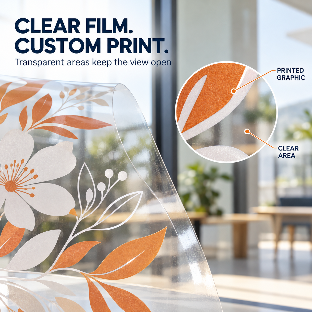 Close-up illustration of white and orange graphics printed on clear film