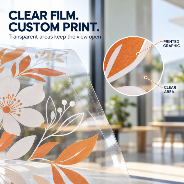 Close-up illustration of white and orange graphics printed on clear film