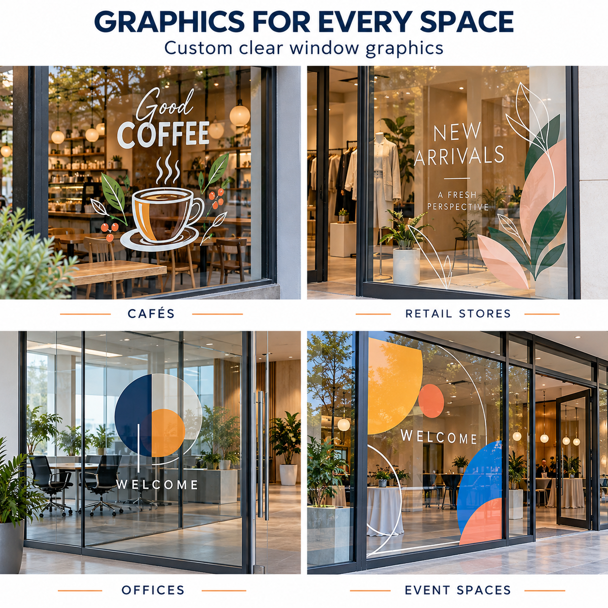 Clear window graphics mockups for cafes, retail stores, offices and event spaces