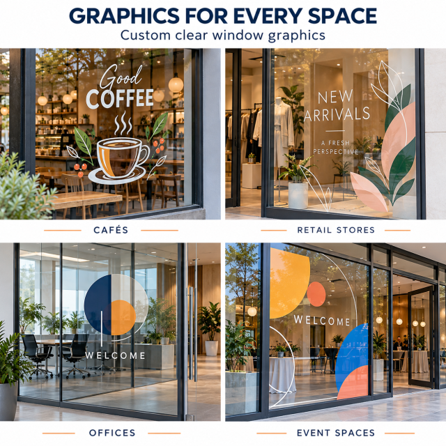 Clear window graphics mockups for cafes, retail stores, offices and event spaces