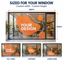 Custom window graphic size and placement examples on clear storefront glass
