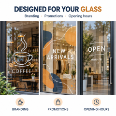 Window graphics mockups showing cafe branding, shop promotions and opening hours