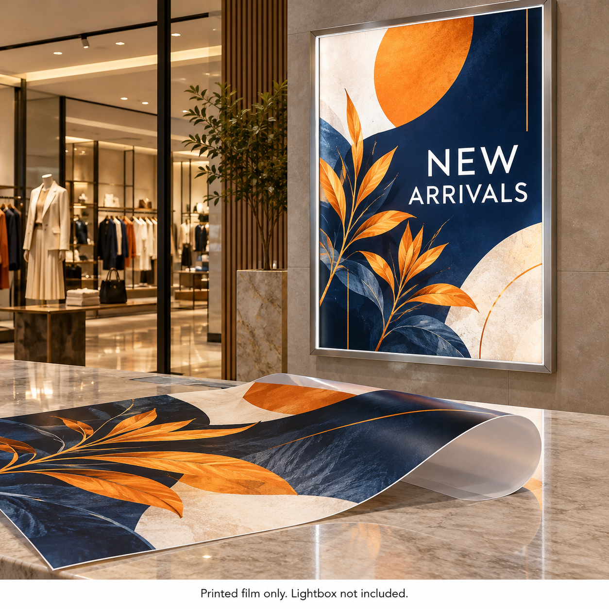 Mockup of a custom backlit film print in a retail lightbox with a matching curled film sheet