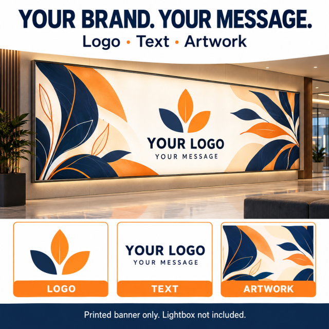 Custom backlit flex banner mockup showing logo, text and artwork options