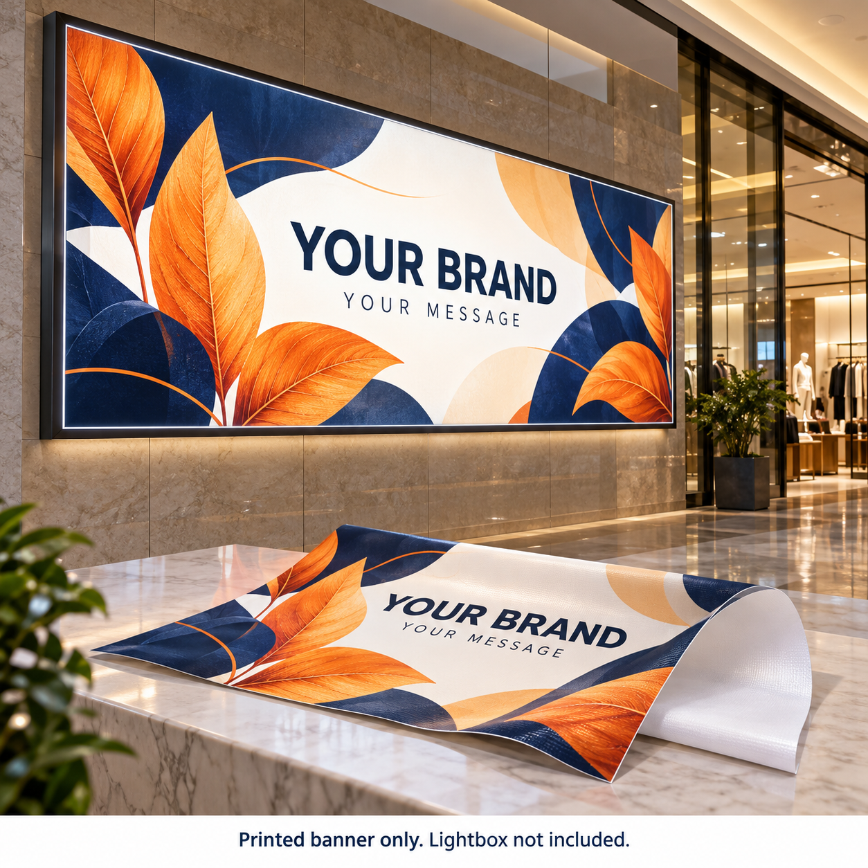 Mockup of a custom backlit flex banner in an illuminated sign cabinet with a matching flexible sample