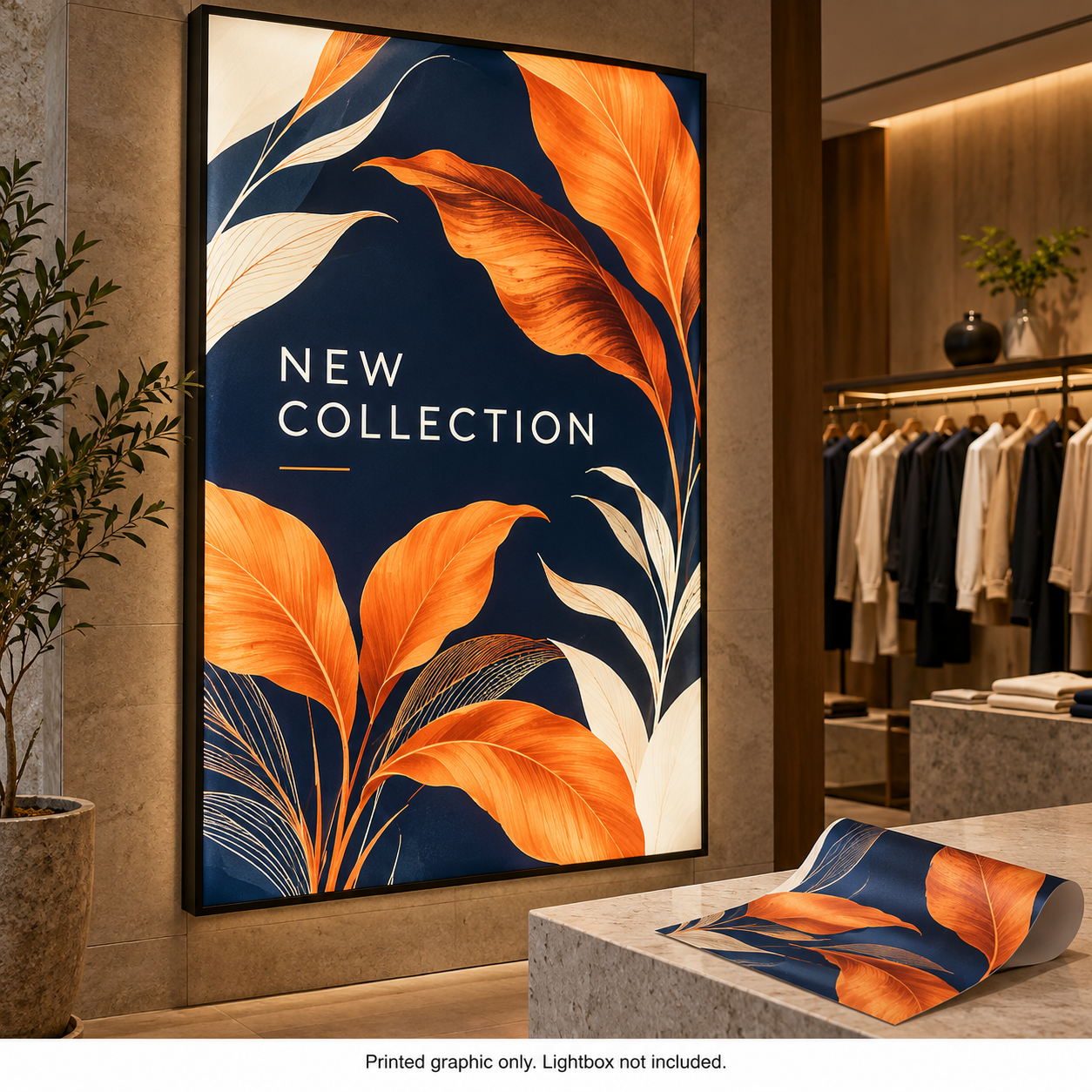 Mockup of a custom backlit soft film print in a retail lightbox with a matching flexible print sample