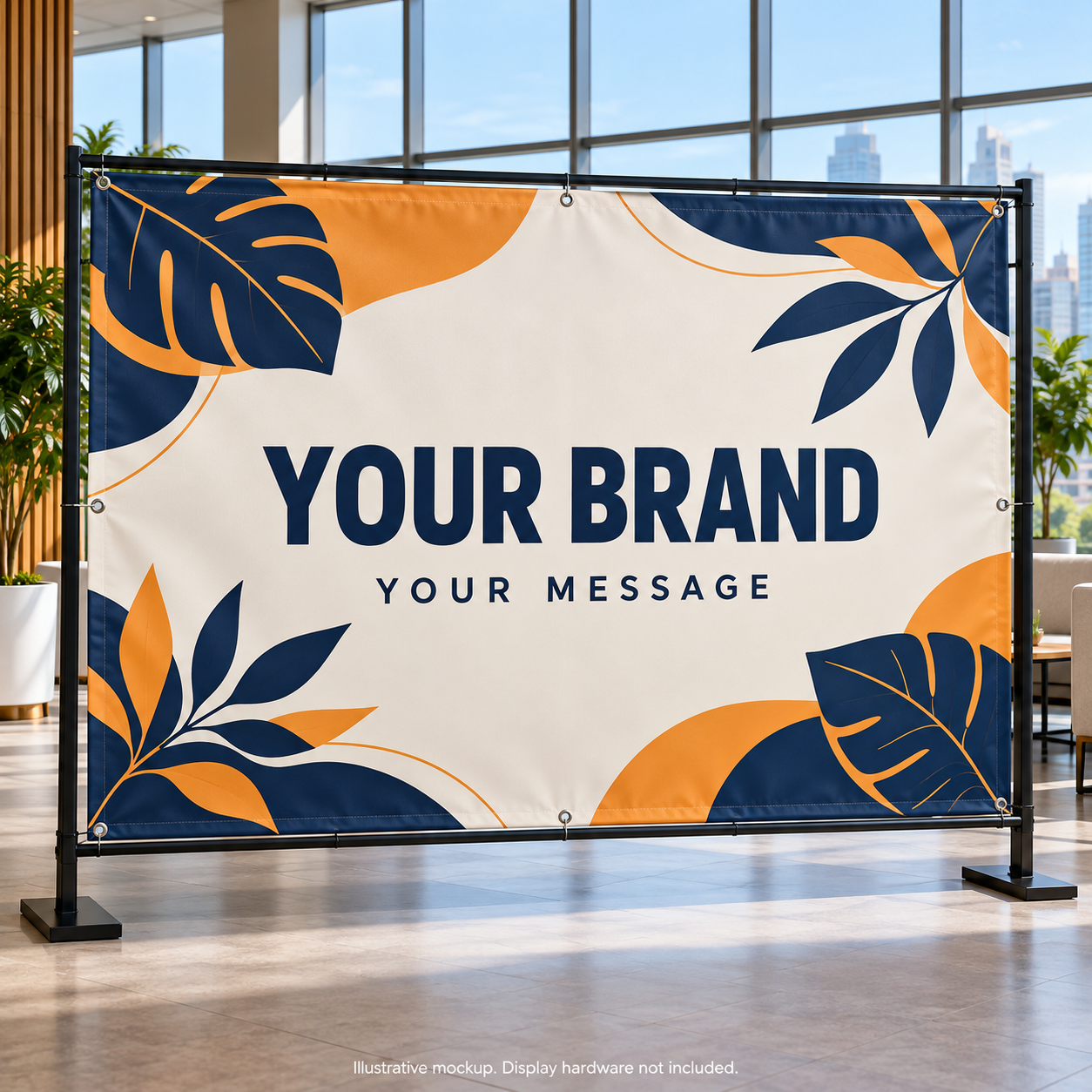 Mockup of a custom blockout vinyl banner with navy and orange branding on an indoor display frame