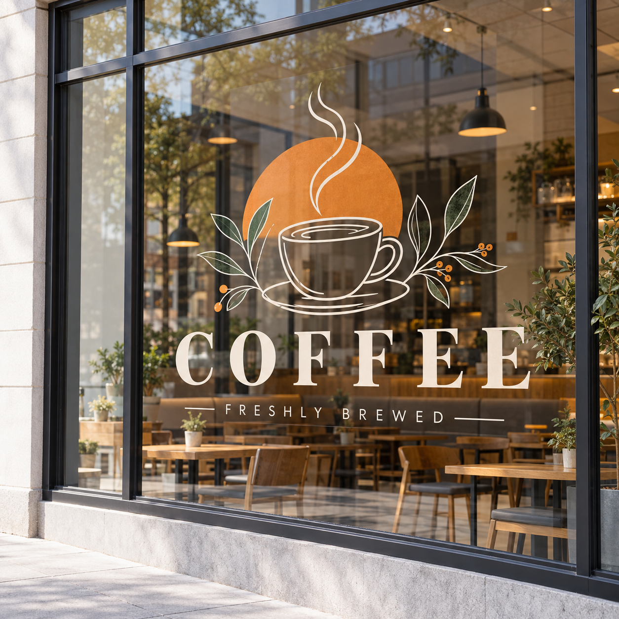 Mockup of custom clear window graphics with a coffee design on a cafe storefront