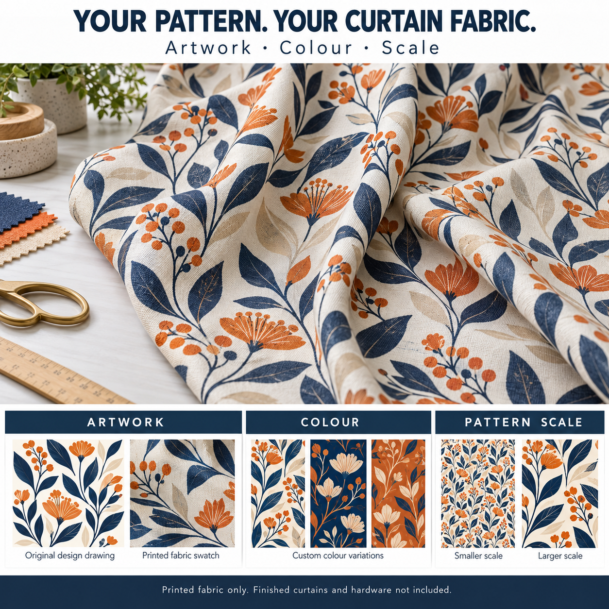 Curtain fabric printing mockup showing artwork, colour variations and pattern scale options