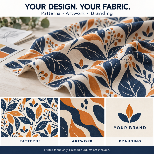 Decorative fabric printing mockup showing pattern, artwork and branding customization options