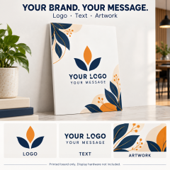 Custom foam board sign mockup showing logo, text and artwork options