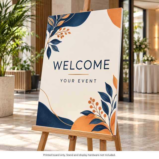 Mockup of a custom foam board welcome sign with navy and orange artwork on an indoor wooden easel