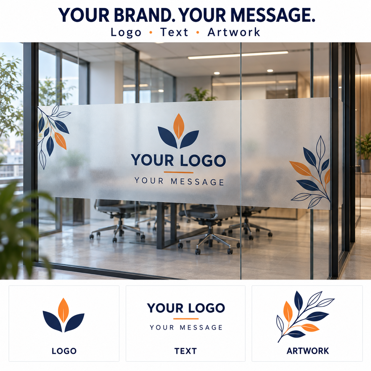 Custom frosted window graphics mockup showing logo, text and artwork options