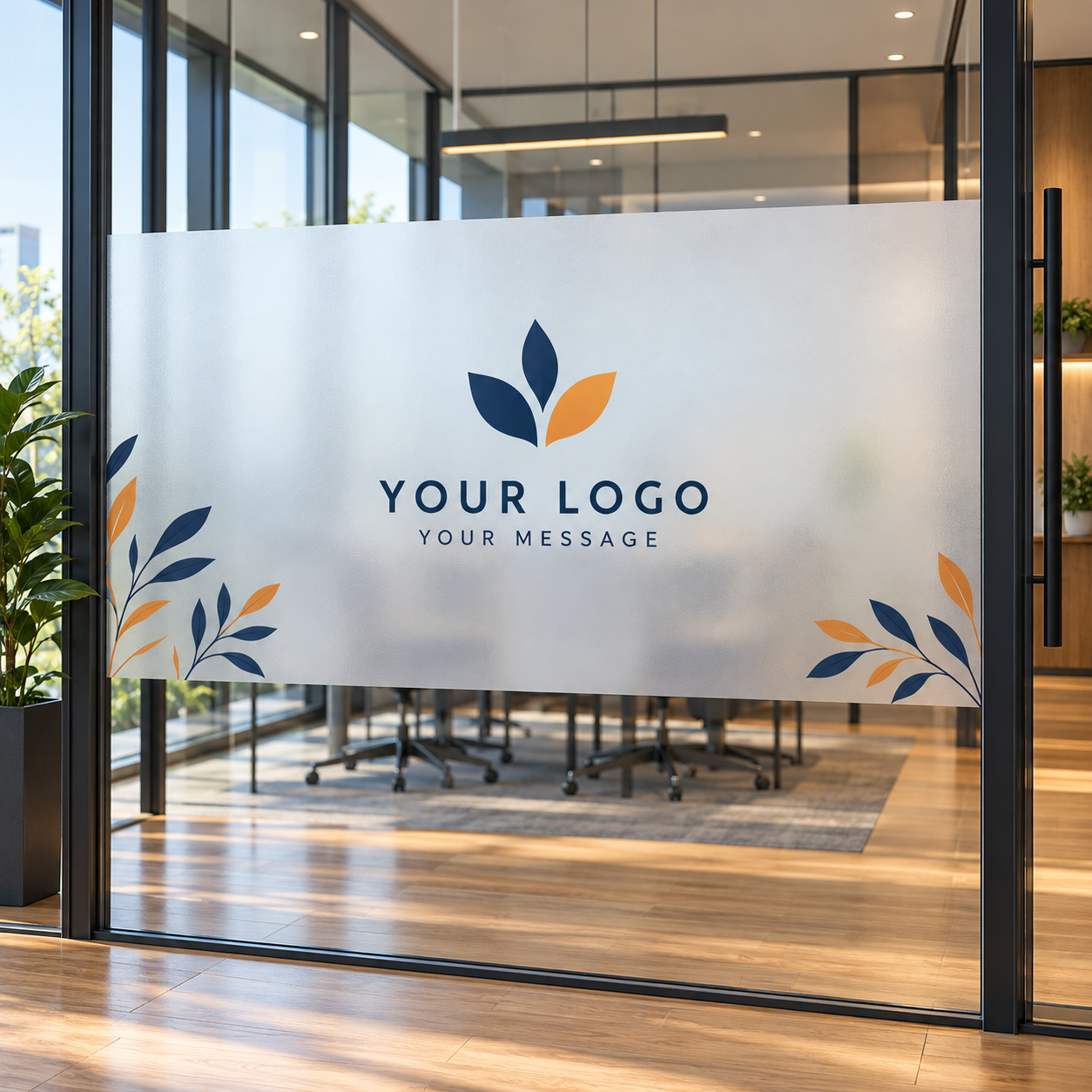 Mockup of custom frosted window graphics with a logo and botanical artwork on office glass