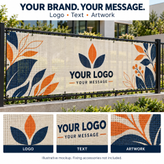 Custom mesh banner mockup showing logo, text and artwork options