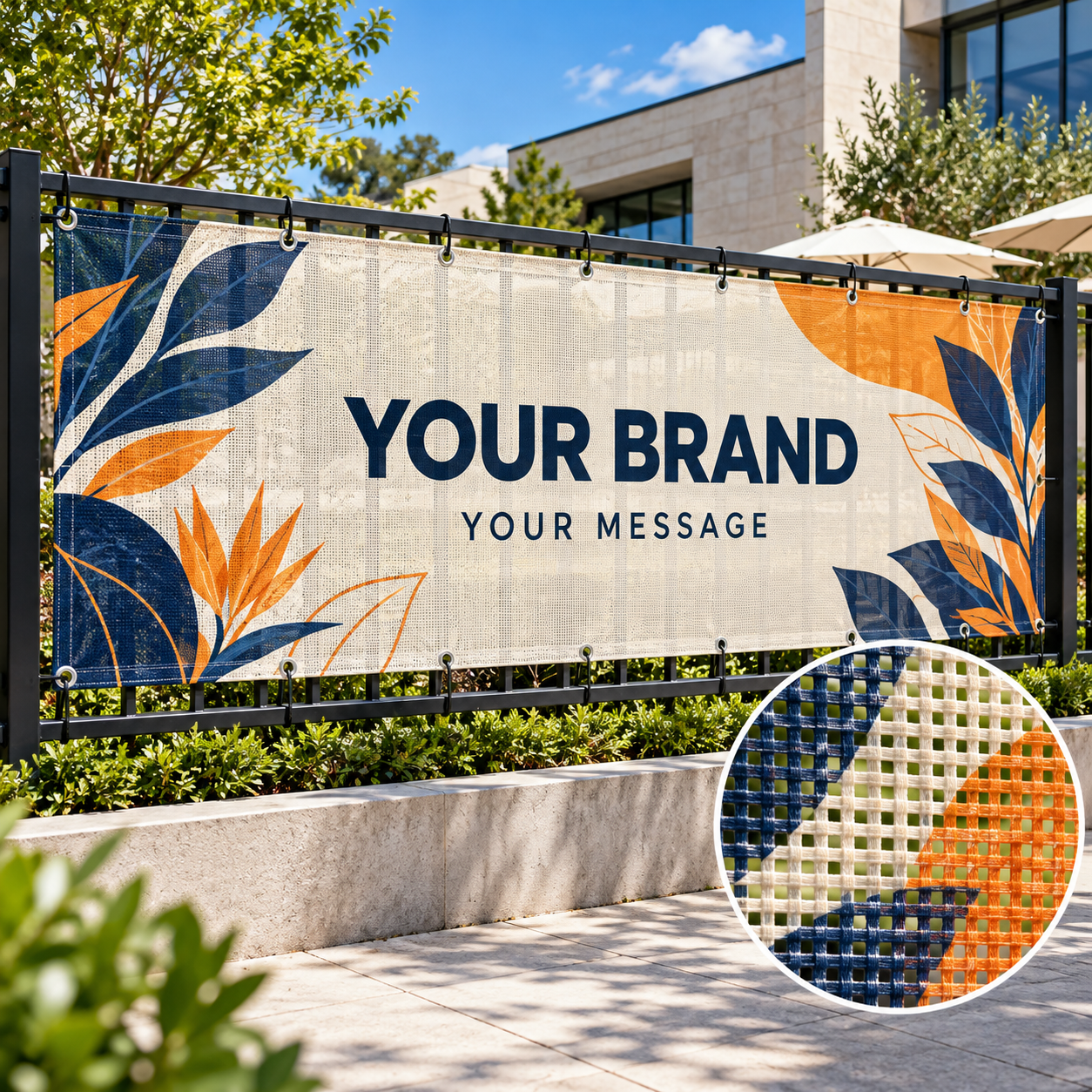 Mockup of a custom mesh banner on an outdoor fence with an enlarged mesh detail