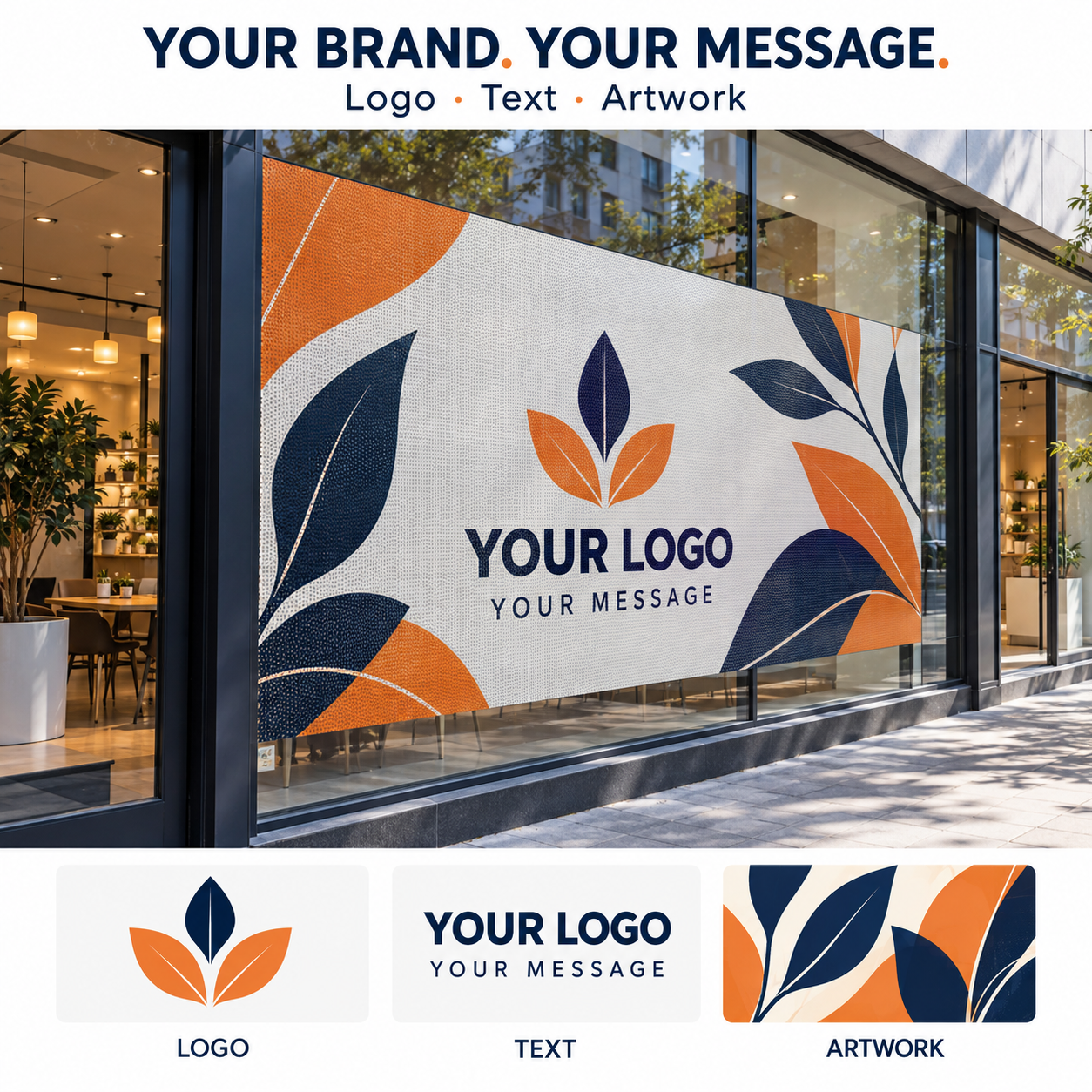 Perforated window graphics mockup featuring custom logo, text and botanical artwork