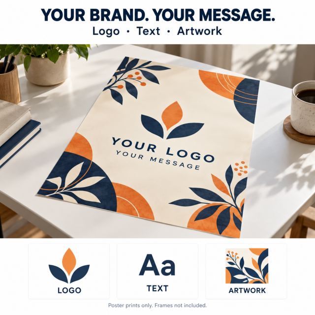 Custom paper poster mockup showing logo, text and artwork options