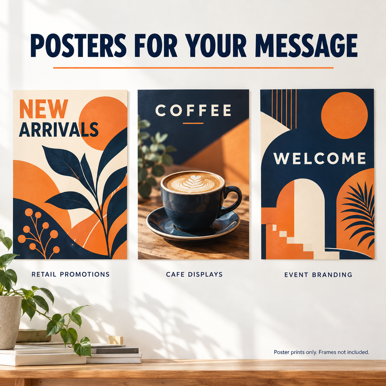 Custom poster mockups featuring retail promotions, coffee artwork and event branding