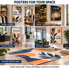 Poster display mockups in retail stores, cafes, event venues and offices, with unframed print supply shown below