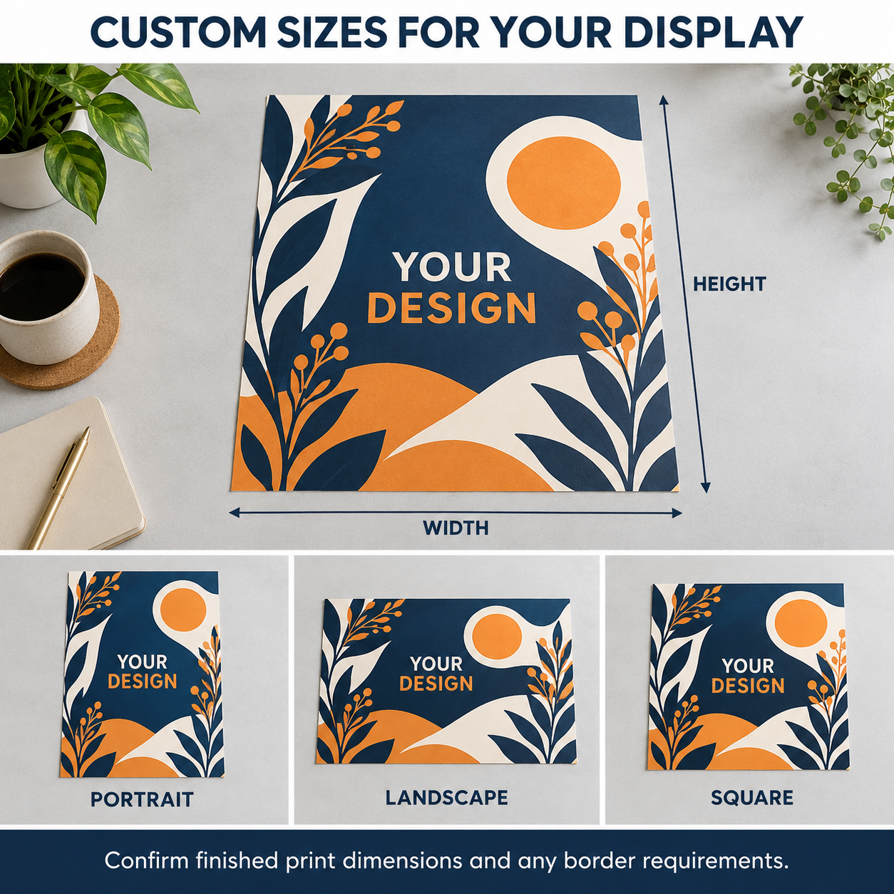Custom poster size illustration with portrait, landscape and square paper formats