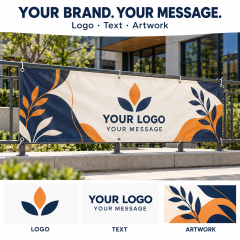 Custom PVC vinyl banner mockup showing logo, text and artwork options