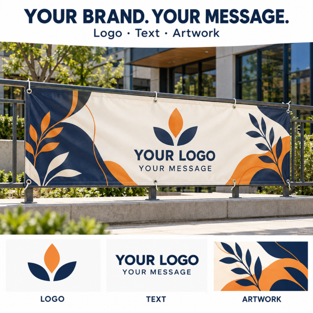 Custom PVC vinyl banner mockup showing logo, text and artwork options
