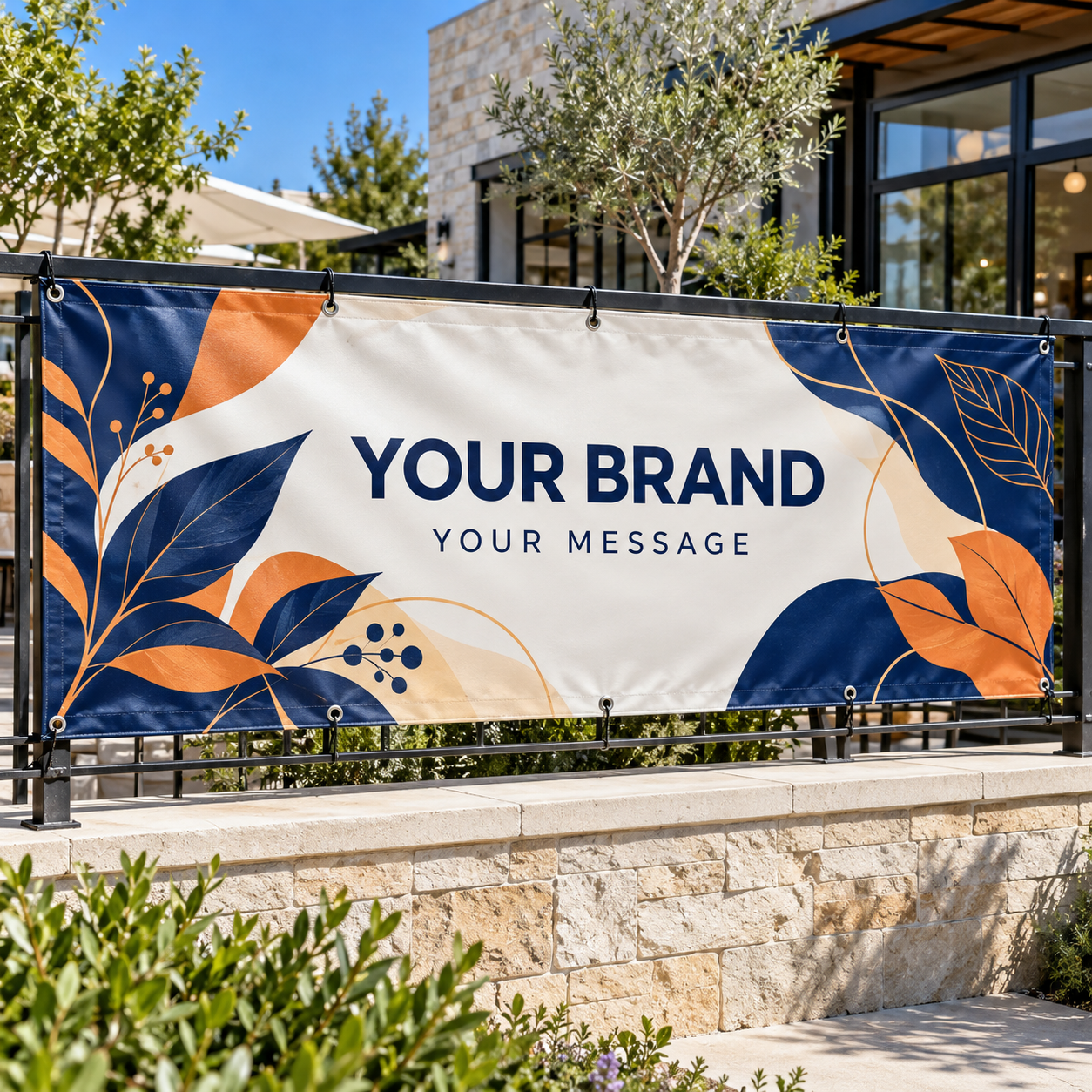 Mockup of a custom PVC vinyl banner with navy and orange branding secured to a retail courtyard railing