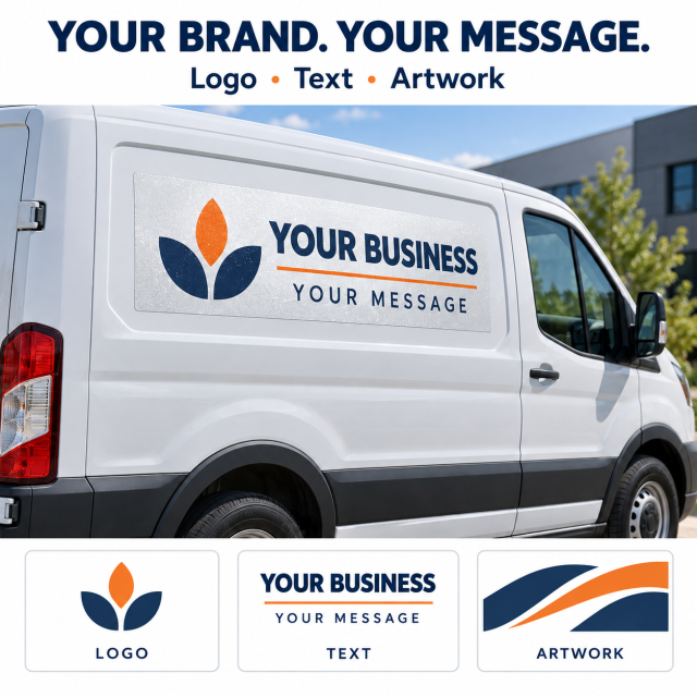 Custom reflective decal size illustration with door panel, side panel and rear door placement examples