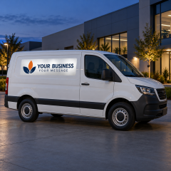 Illustrative mockup of reflective vehicle graphics with custom branding on a white van at dusk