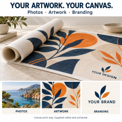 Rolled canvas print mockup showing photo, artwork and branding customization options