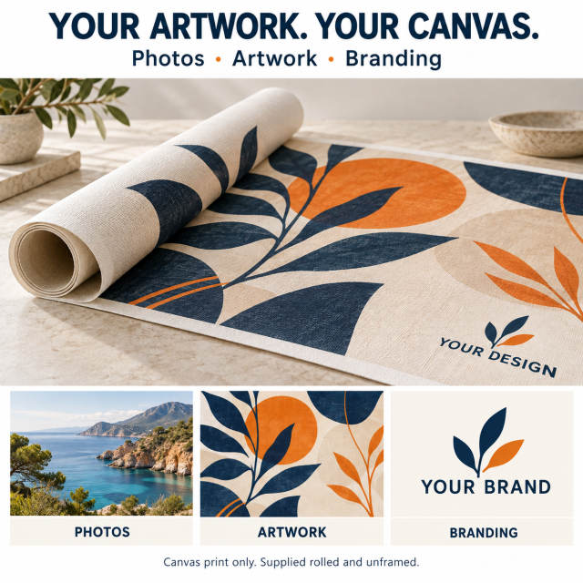 Rolled canvas print mockup showing photo, artwork and branding customization options