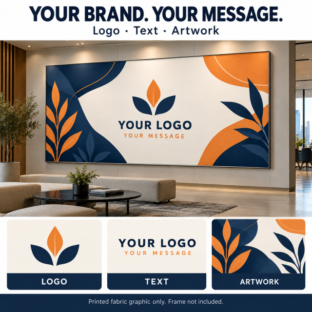 Custom SEG fabric graphic mockup showing logo, text and artwork options