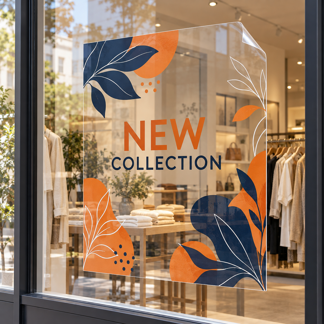 Mockup of a custom static window cling with a new collection design on a retail window
