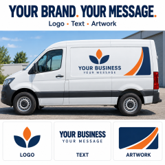 Vehicle decal mockup showing custom logo, text and artwork options on a white van