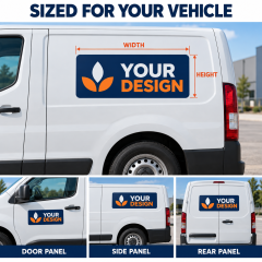 Illustration of custom vehicle decal dimensions and placement on door, side and rear panels