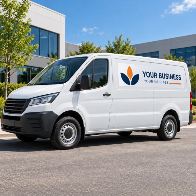 Mockup of a white business van with a custom navy and orange vehicle decal