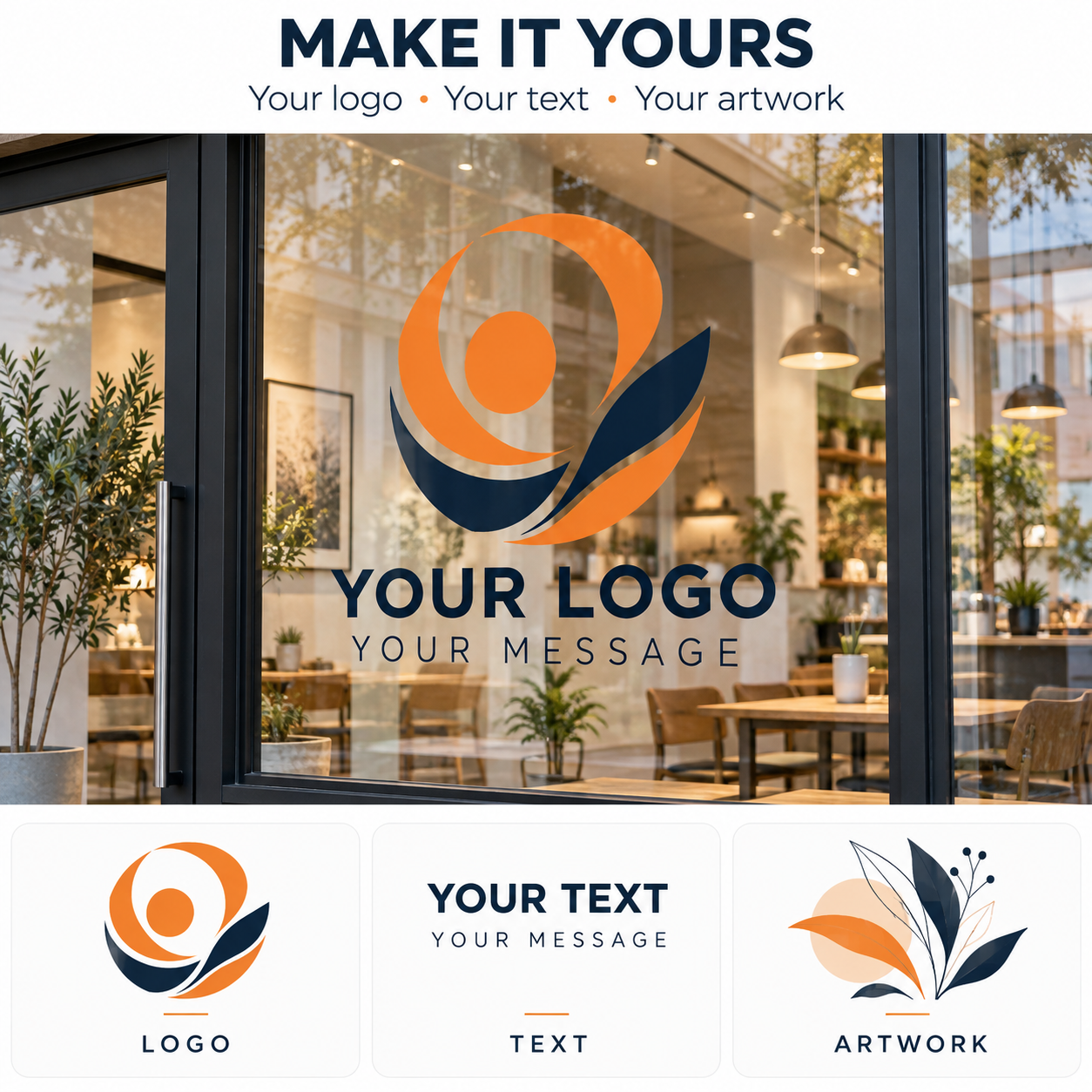 Window graphic mockup with a sample logo, custom text and artwork options