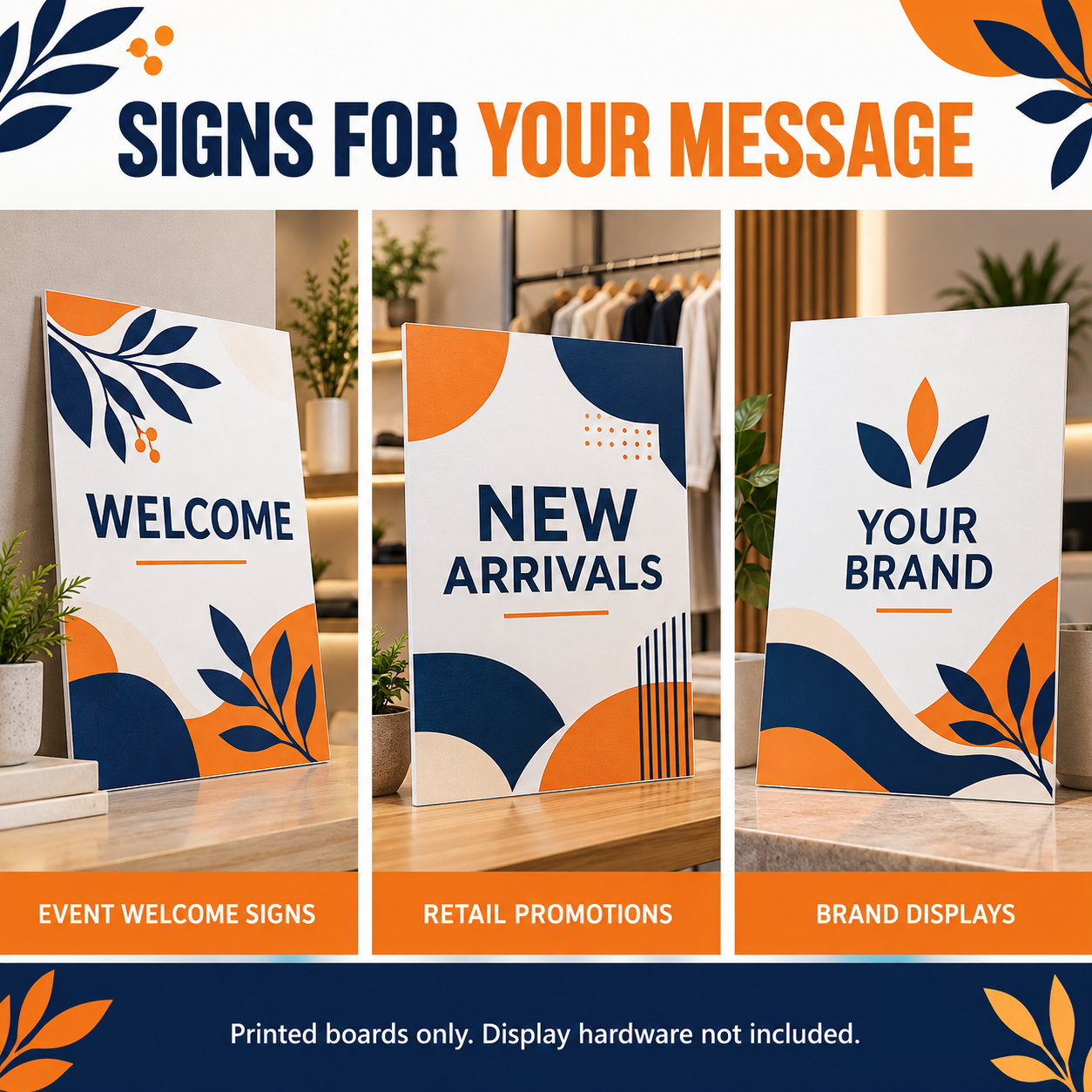 Foam board sign mockups for event welcomes, retail promotions and brand displays