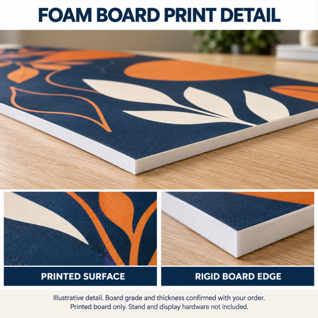 Illustrative close-up of a printed foam board sign showing its surface and white rigid edge