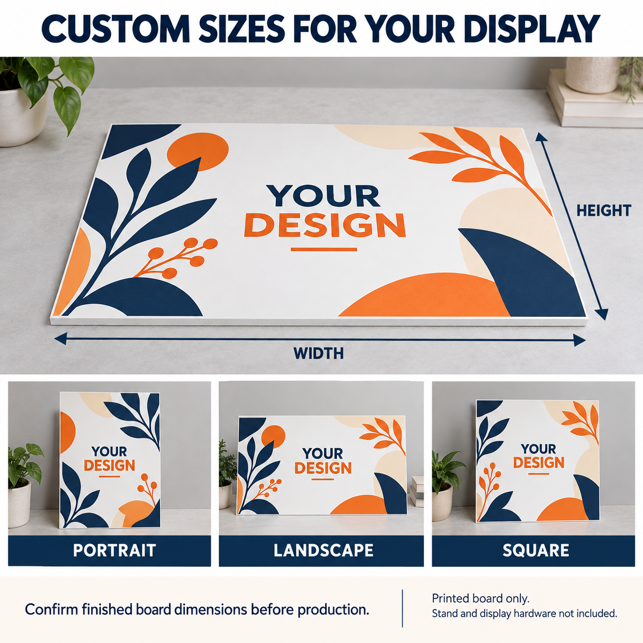 Custom foam board sign size illustration with portrait, landscape and square formats