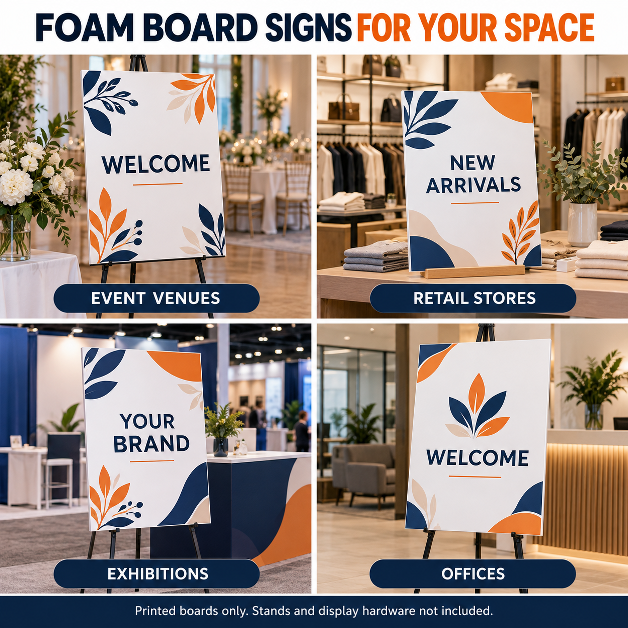 Foam board sign mockups at indoor event venues, retail stores, exhibitions and offices