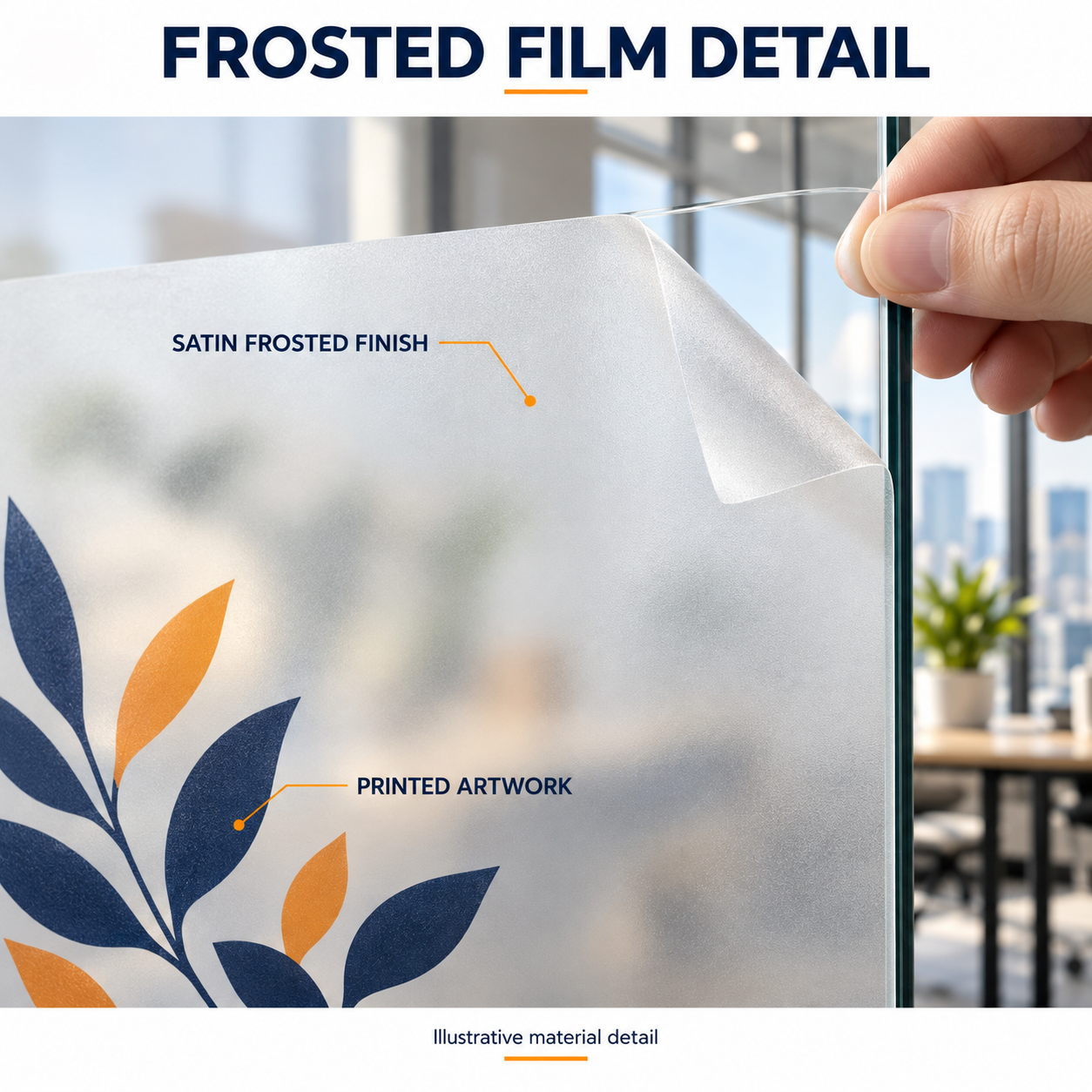 Illustrative close-up of frosted window film with printed artwork and a lifted corner on glass