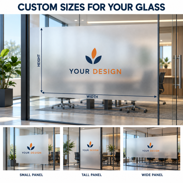 Custom width and height illustration for frosted window graphics in small, tall and wide panel formats